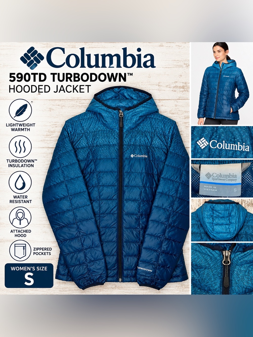 Columbia 590TD TurboDown Hooded Puffer Jacket Blue Women’s Size Small